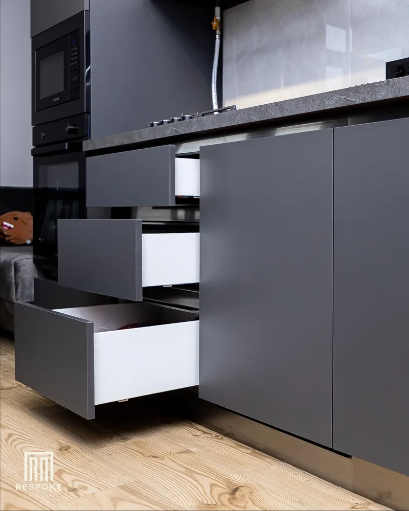 Open deep kitchen drawers with soft-close runners